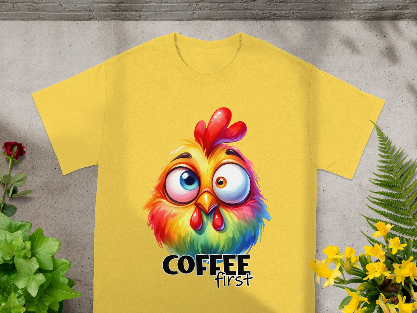 Vibrant Chicken Design Coffee First Graphic T-Shirt