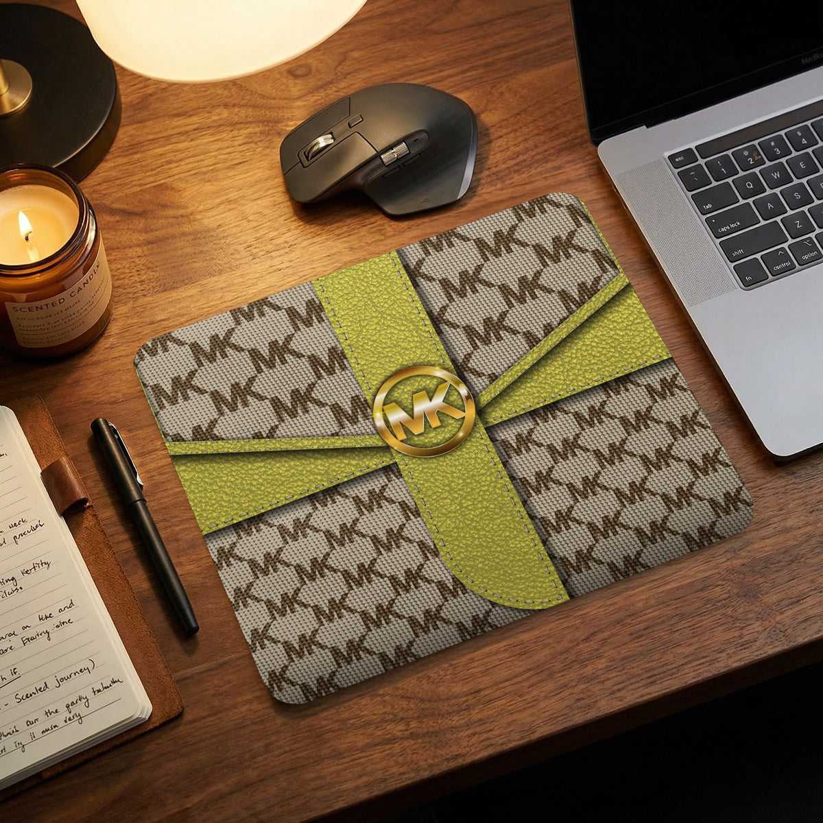 Michael Kors MK logo mousepad with lime green ribbon detail.