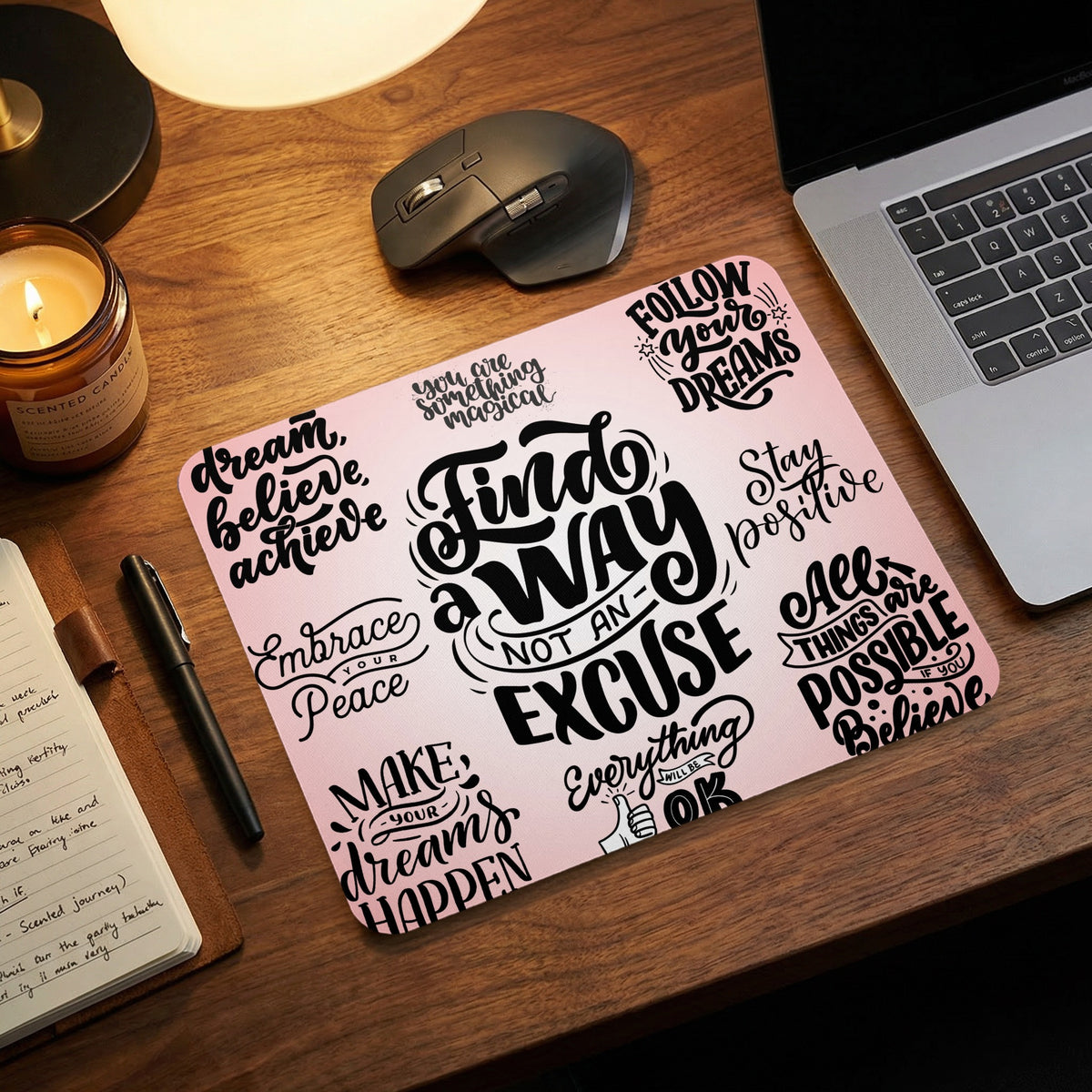 Mousepad with motivational quotes like "Find a way, not an excuse" and "Believe".