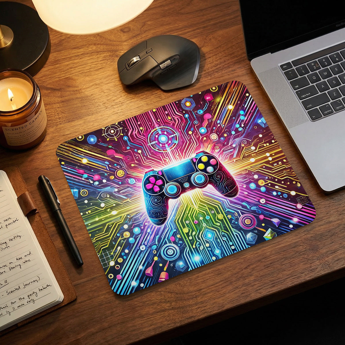 An oversized mousepad featuring a vibrant, glowing video game controller amidst colorful neon circuit board patterns.