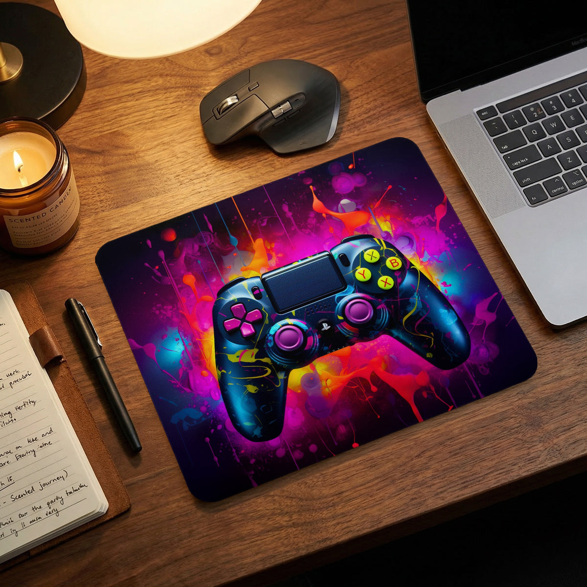 An ergonomic mouse pad featuring a vibrant, colorful abstract game controller design on a wooden desk.