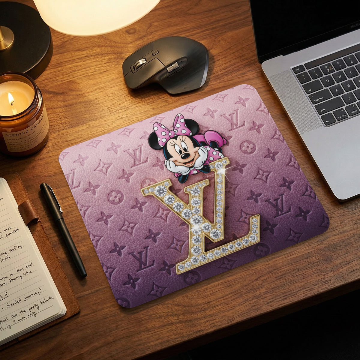 Minnie Mouse on purple monogram mousepad with diamond LV logo.
