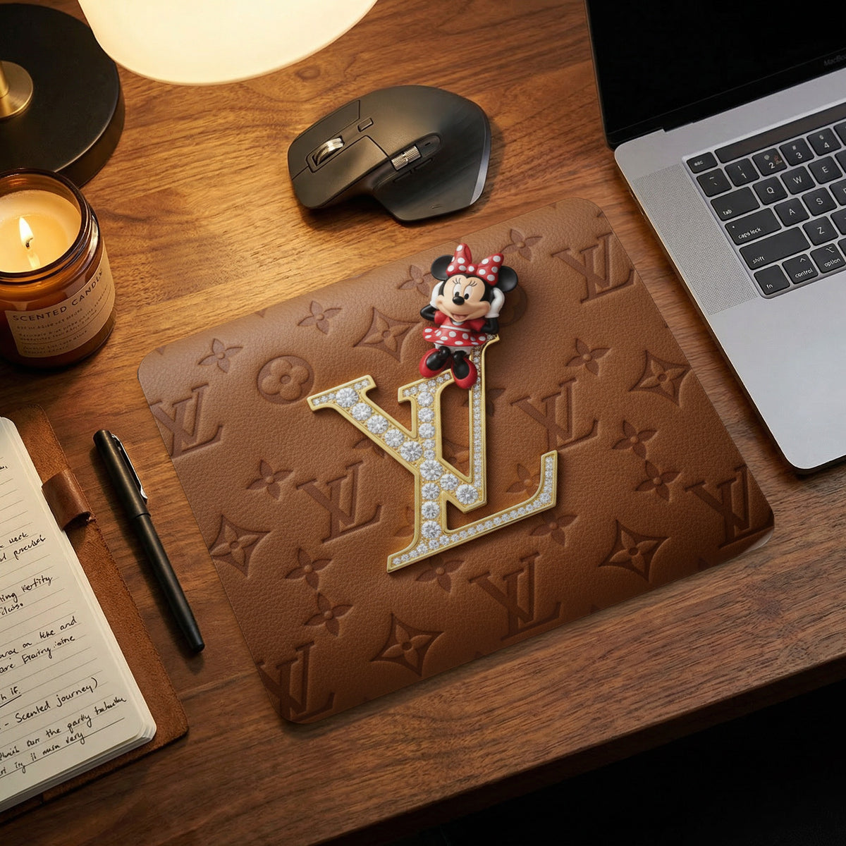 Brown mousepad with LV logo and Minnie Mouse figurine, next to laptop.