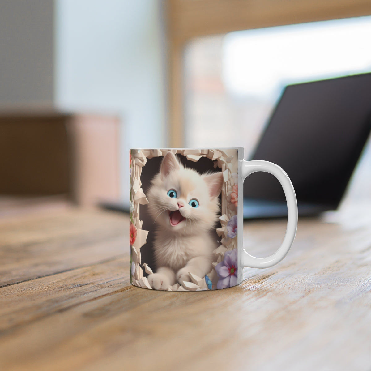 Cute White Kitten with Flowers Mug for Cat Lovers
