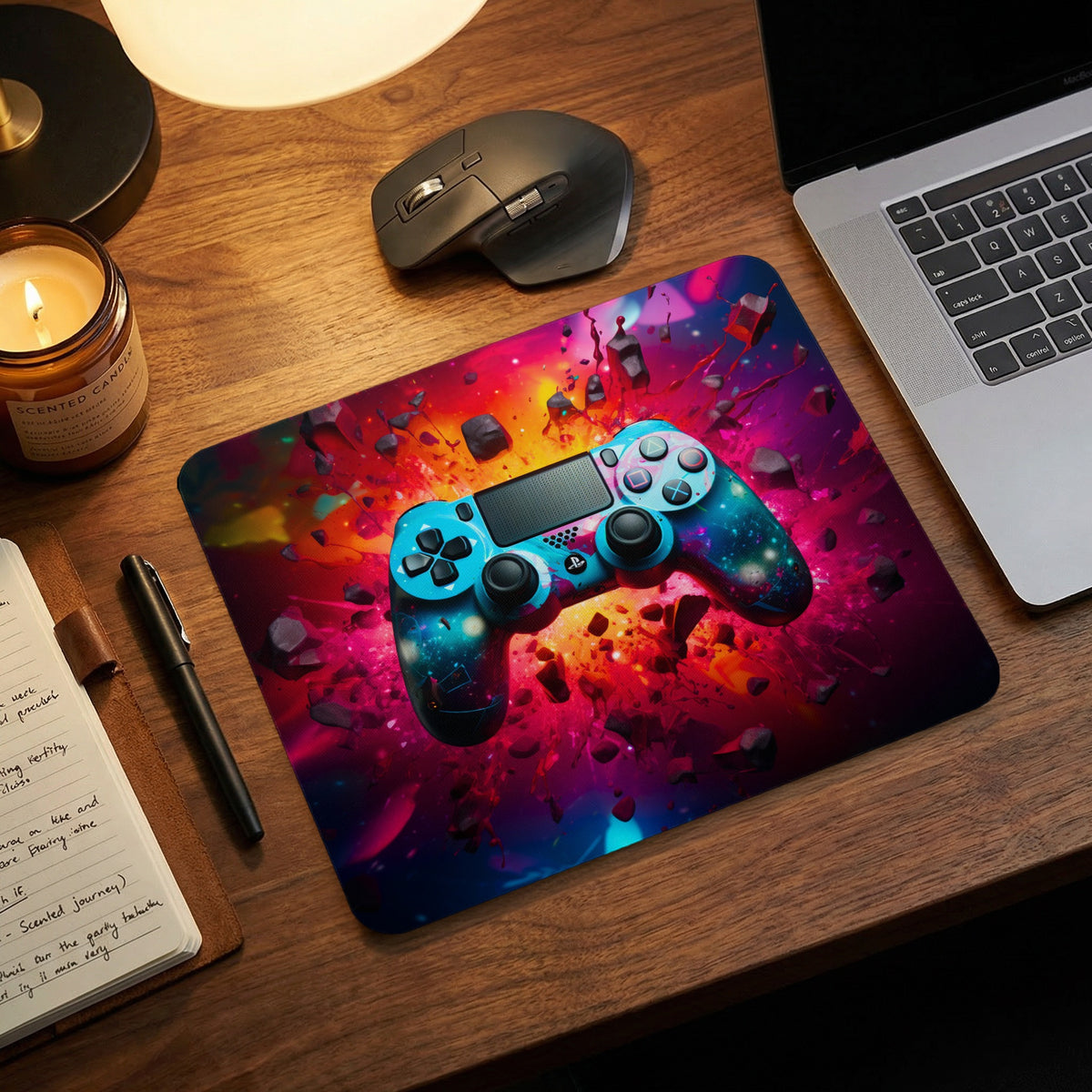 A rectangular desk mat featuring a colorful cosmic explosion design centered with a blue gaming controller.