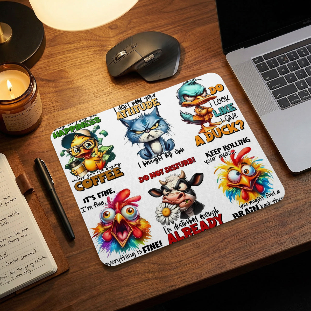 A large mousepad featuring cartoon animal illustrations with humorous captions rests on a wooden desk.