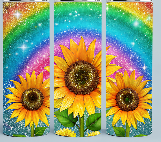 Rainbow glitter and sunflower tumbler