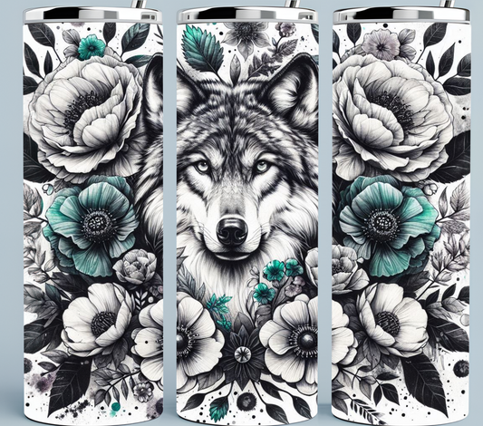 Black and White Wolf Tumbler with teal flowers
