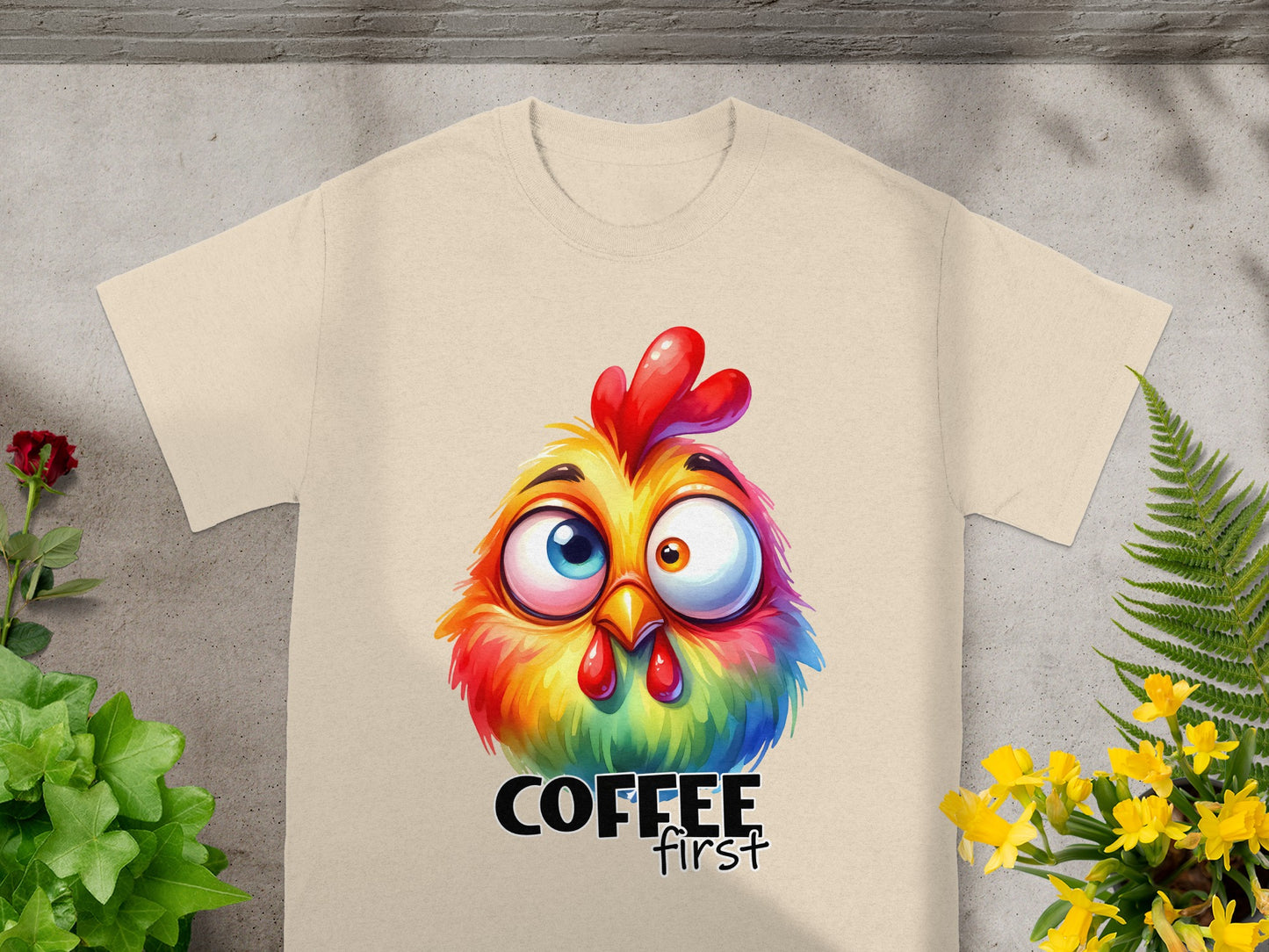Colorful Rooster Coffee First Funny Graphic Tee