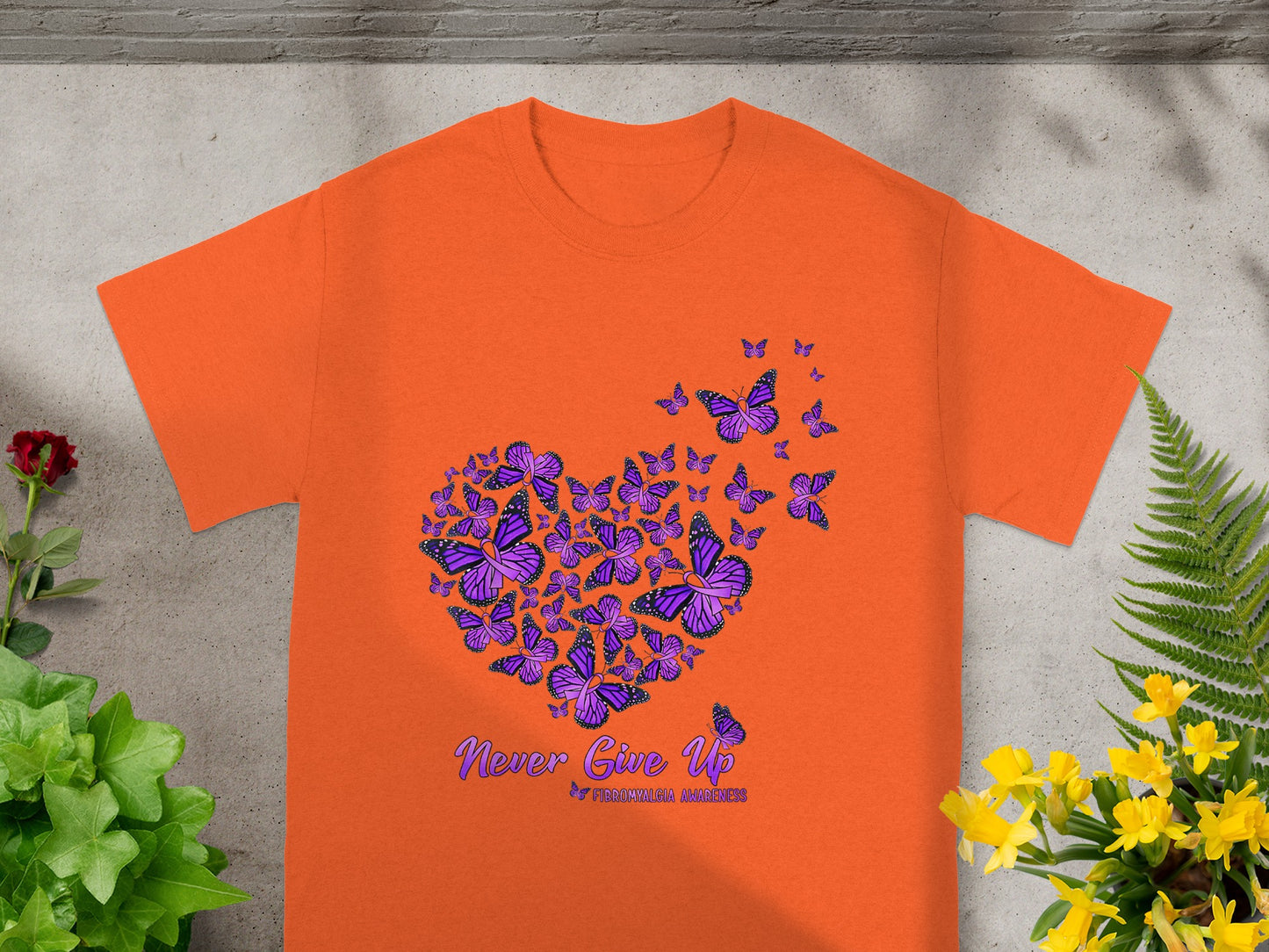 Never Give Up Purple Butterflies Fibromyalgia Awareness Shirt
