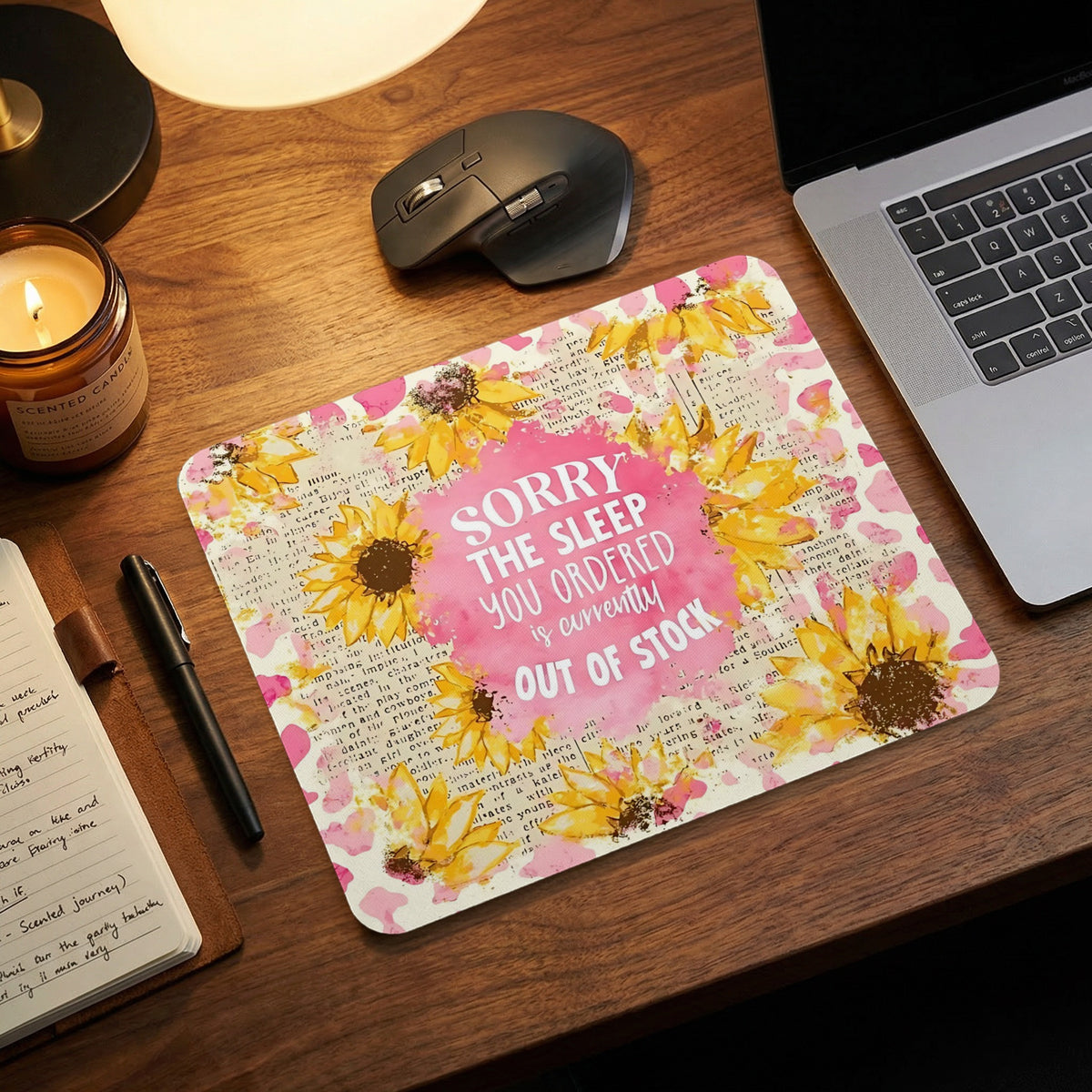Sunflower mousepad with "Sorry the sleep you ordered is currently out of stock" text.