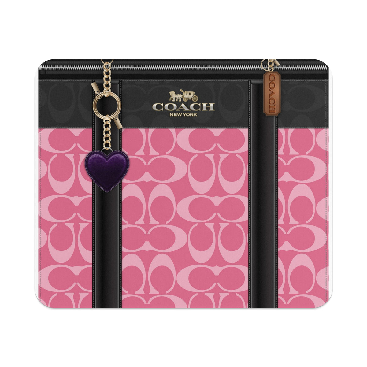 Coach signature pattern case with heart charm and gold hardware.