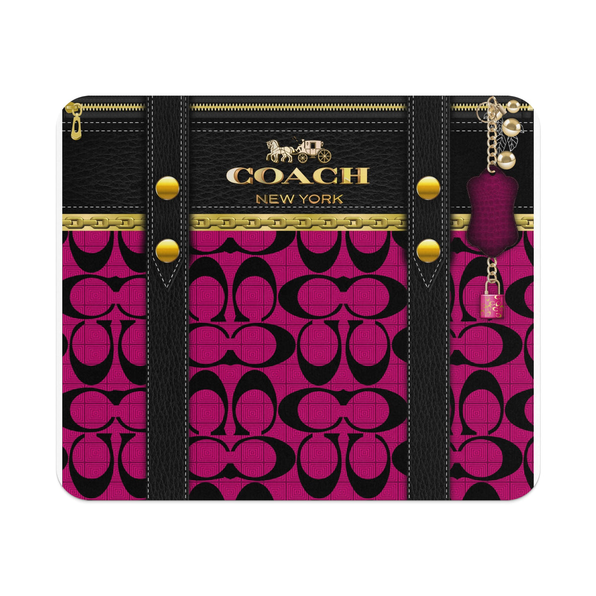 Coach New York pattern with black leather accents and a pink purse charm.