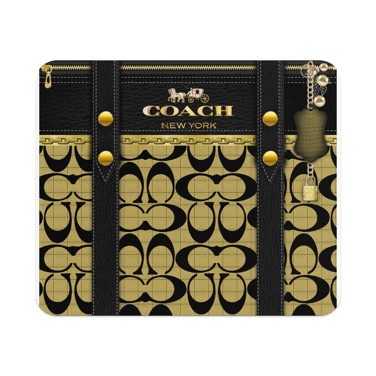 Coach patterned wallet with gold hardware, black leather trim, and a gold padlock charm.