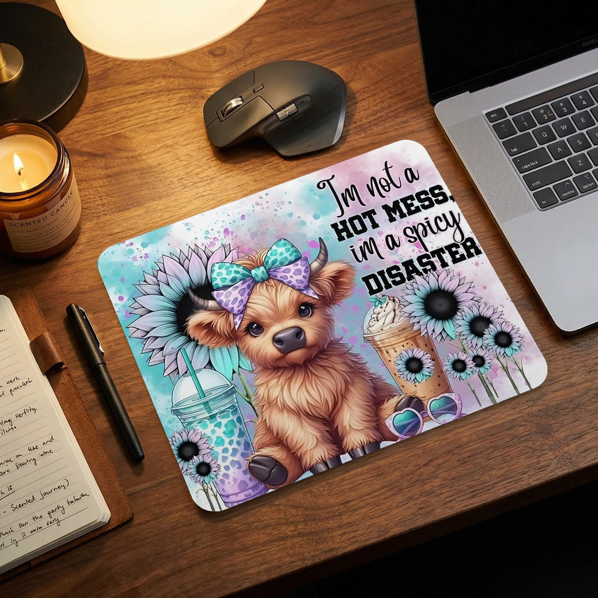 Mouse pad featuring a fluffy highland cow, sunflowers, and the text I'm not a hot mess, I'm a spicy disaster.