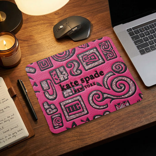 Kate Spade New York mousepad with pink textured background and glitter accents.