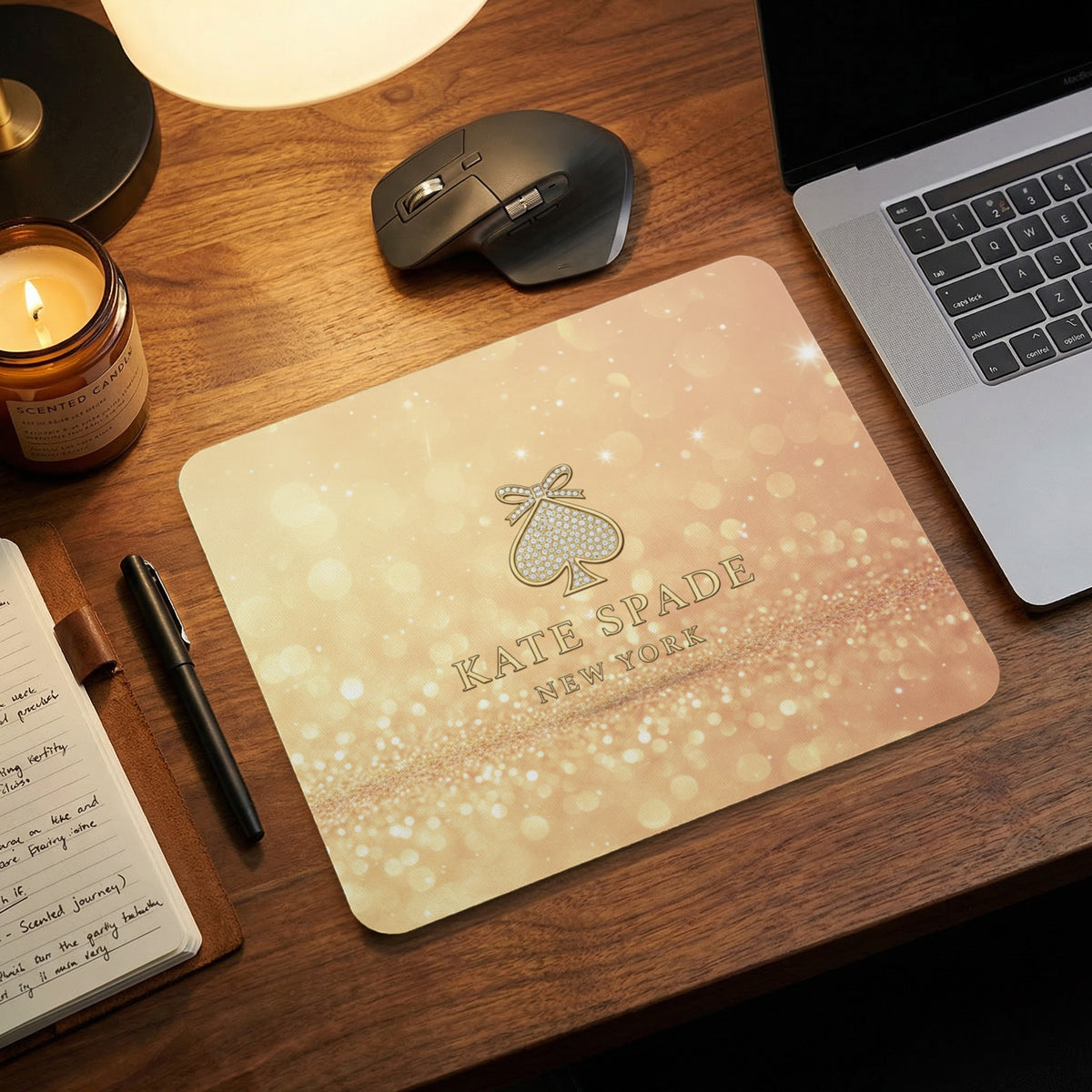 Kate Spade New York logo on a sparkling rose gold mousepad.