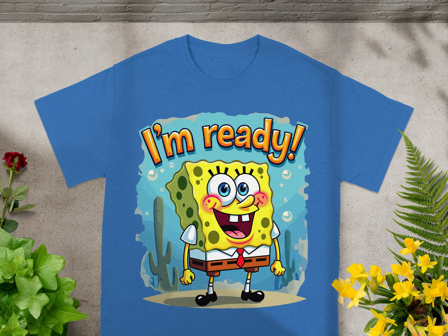 SpongeBob SquarePants t-shirt with "I'm ready!" text and underwater scenery.