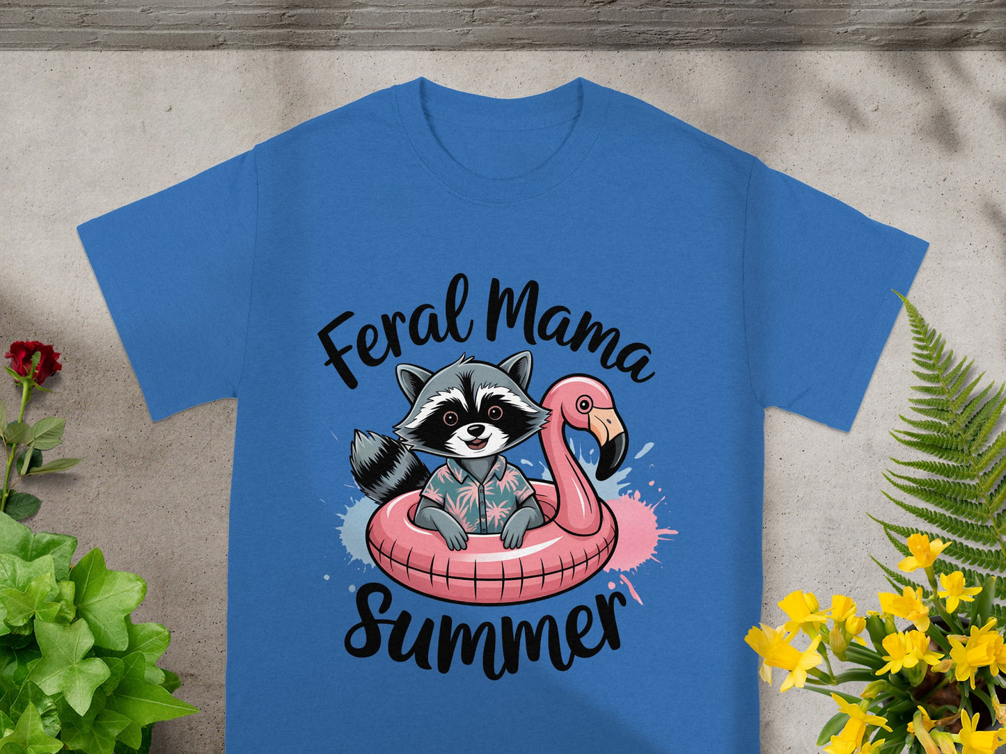 Feral Mama Summer Raccoon Floating Flamingo T-Shirt