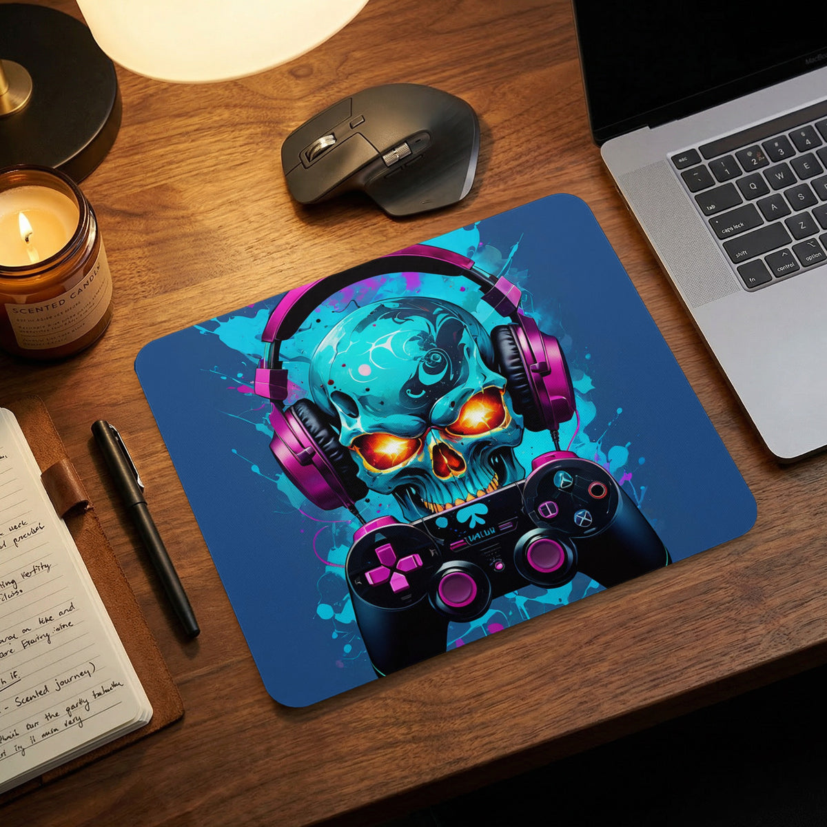 A blue gaming mouse pad featuring a skull wearing headphones and holding a game controller.