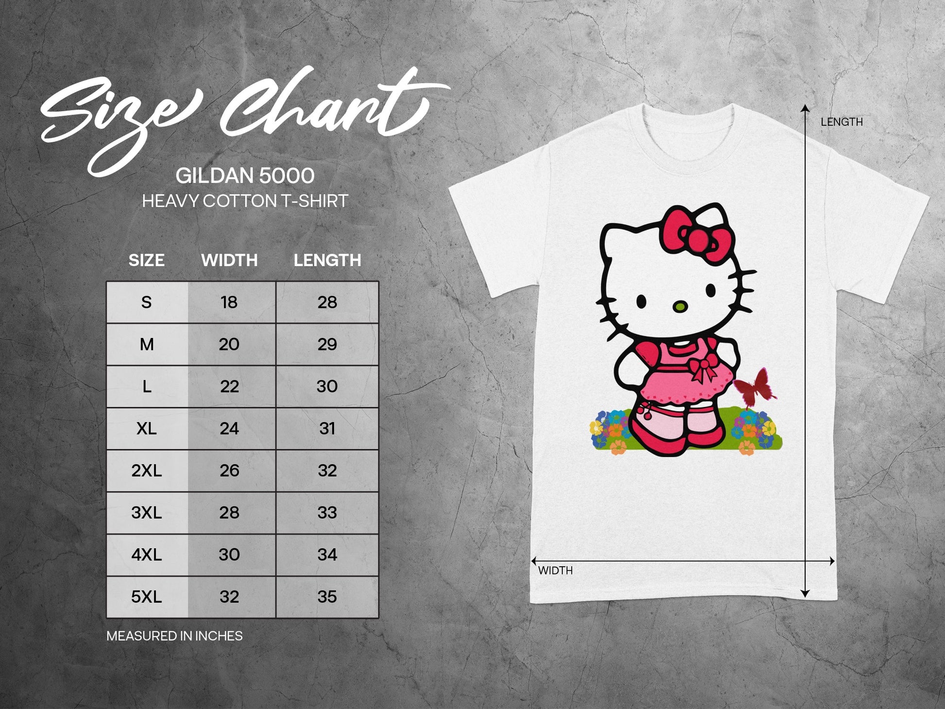 GILDAN 5000 Hello Kitty T-Shirt Size Chart Inches product type