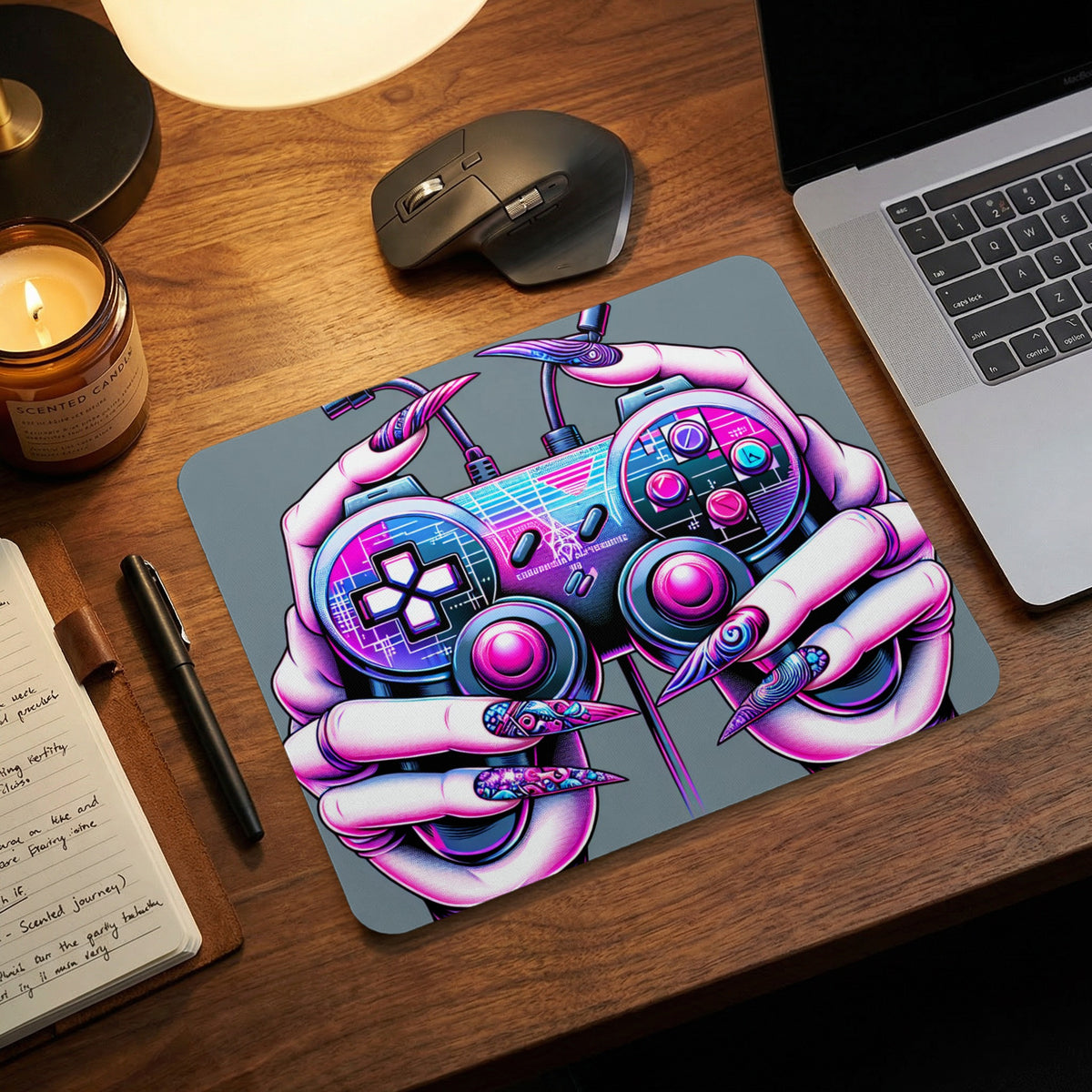 Desk setup featuring a mouse pad with a vibrant neon-styled gaming controller graphic held by hands.