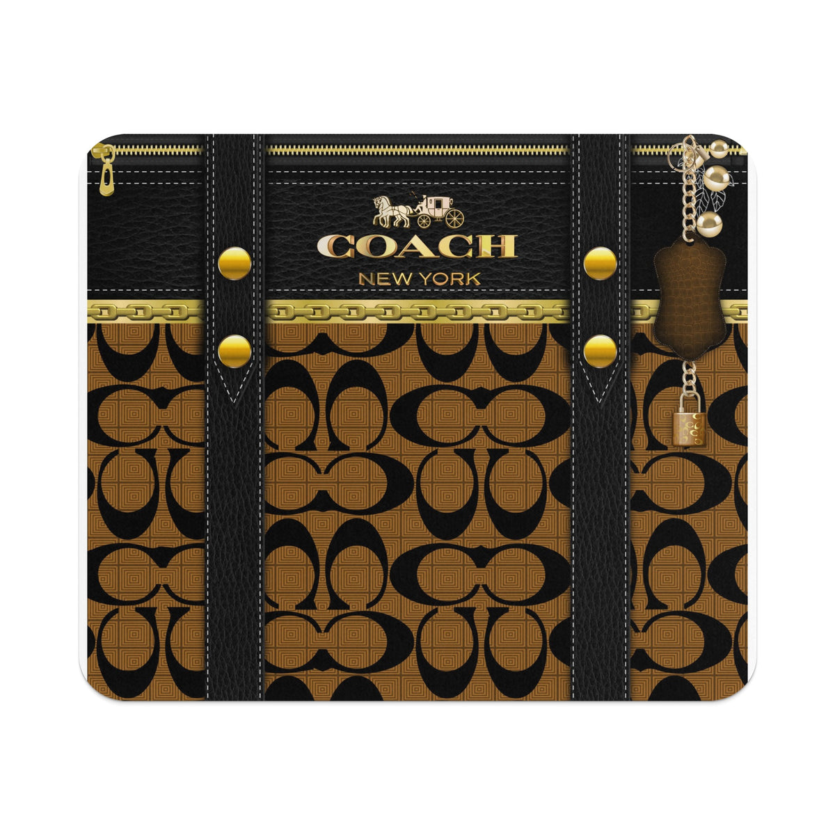 Coach logo pattern with horse and carriage, gold hardware, and hanging charm.