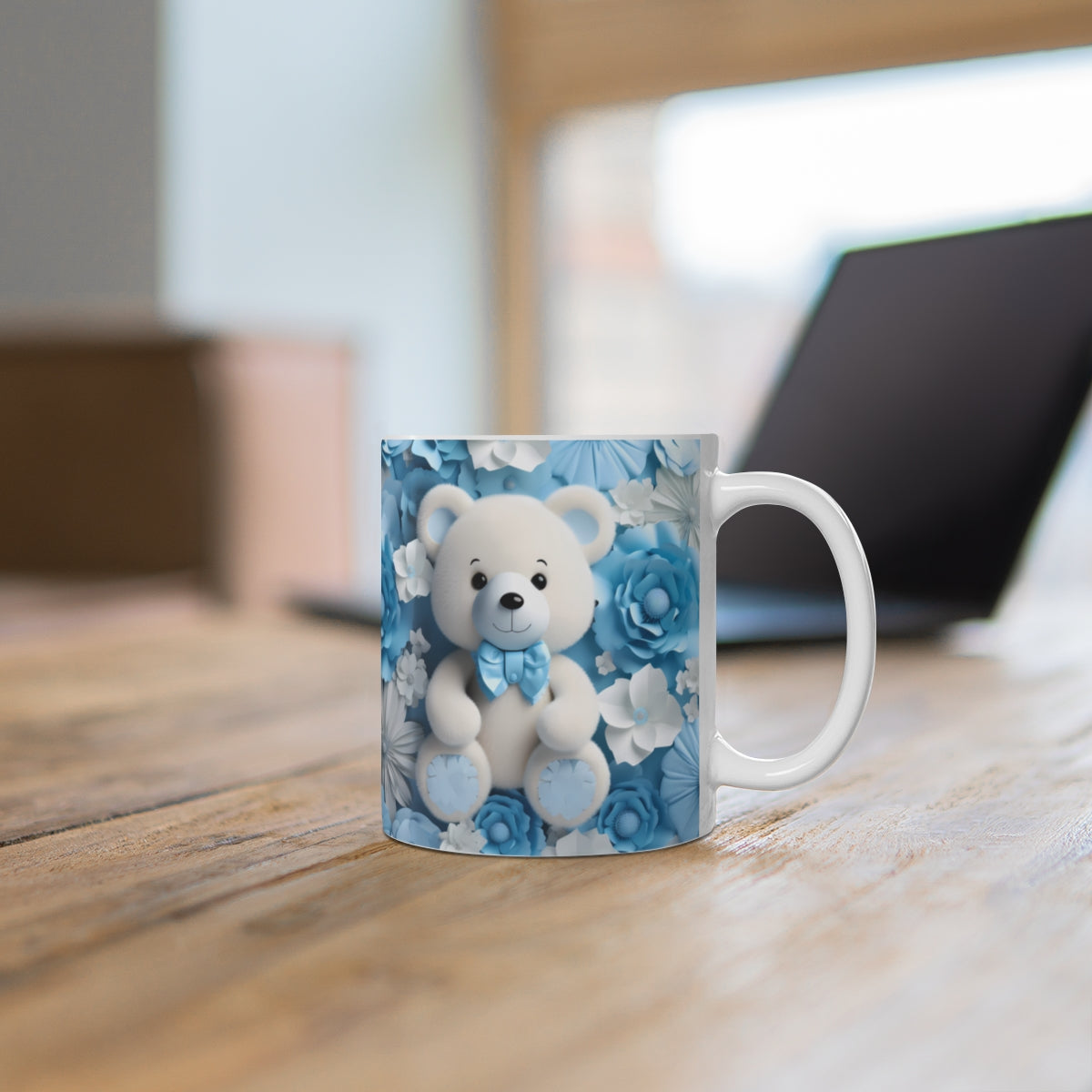Adorable Teddy Bear Mug with Blue Floral Background