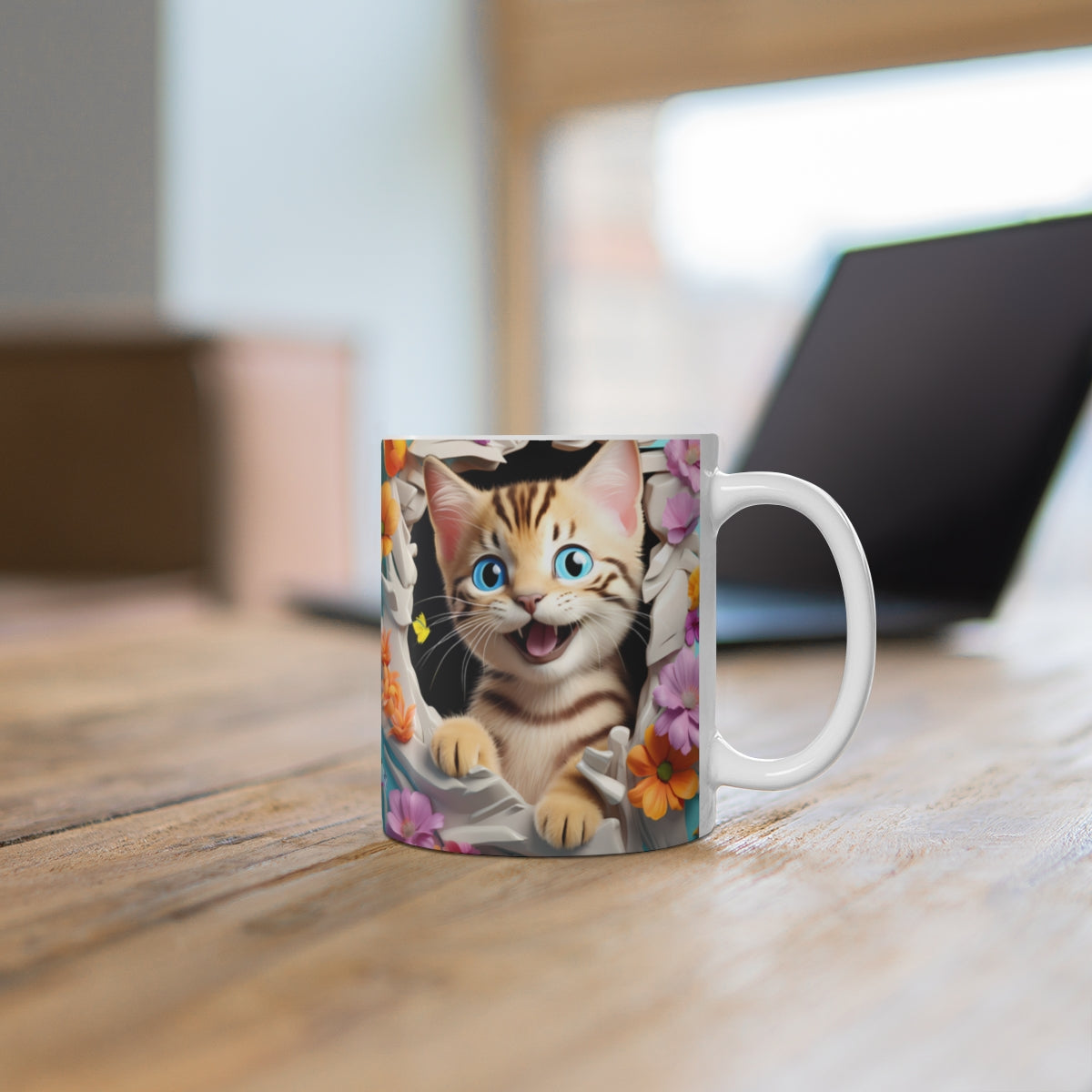 Adorable Kitten with Flowers Print Coffee Mug