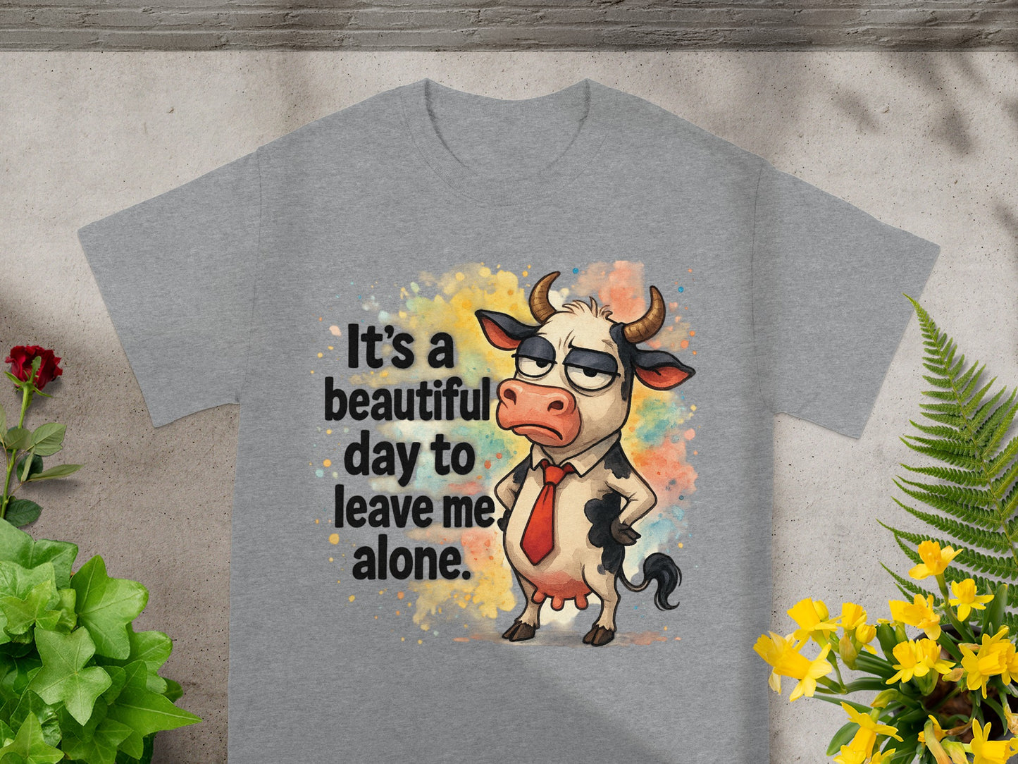 Gray t-shirt with cartoon cow and text "It's a beautiful day to leave me alone."
