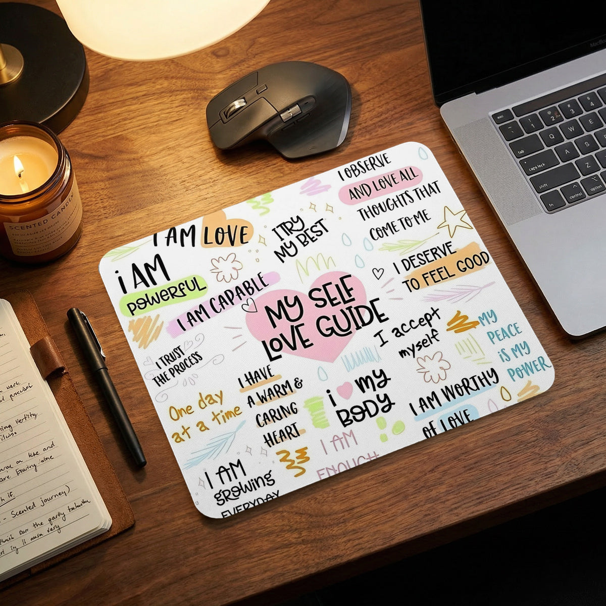 Mousepad with affirmations and colorful doodles, "My Self Love Guide" central.
