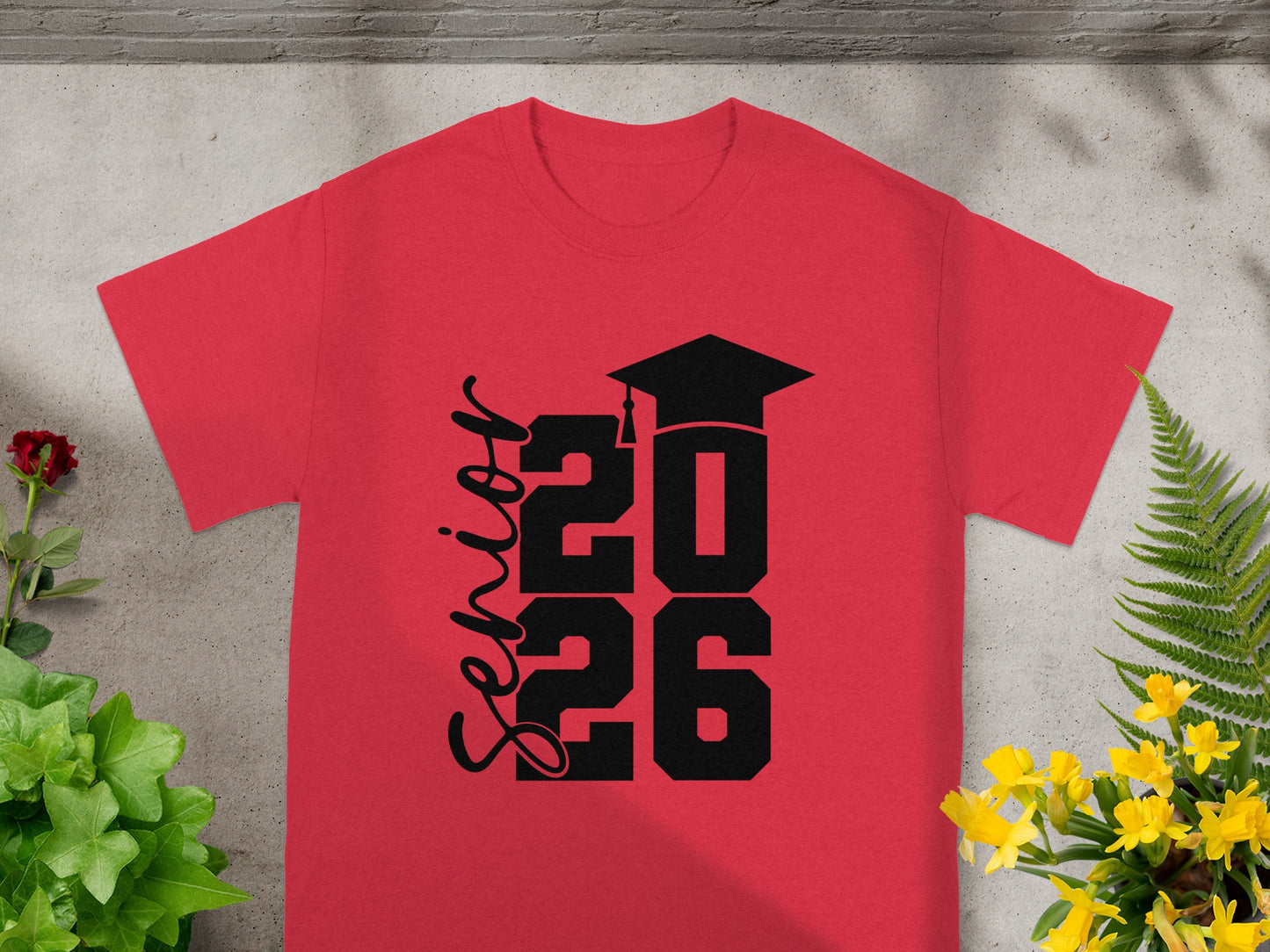 Senior 2026 Graduation Cap Design on Red T-Shirt
