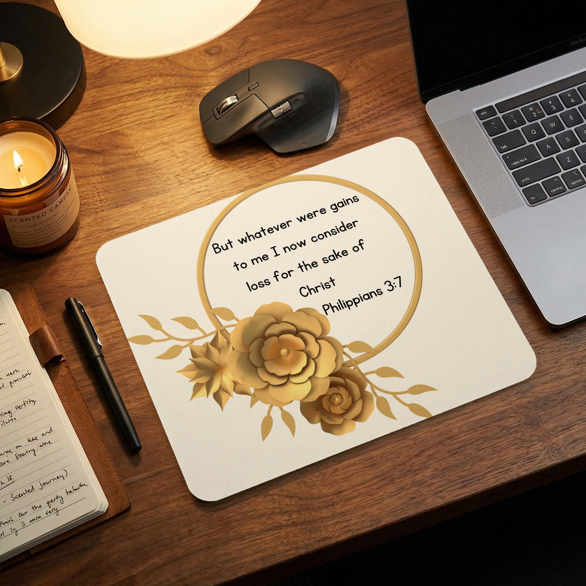 A rectangular mousepad featuring gold floral designs and the Bible verse Philippians 3:7 on a desk setup.
