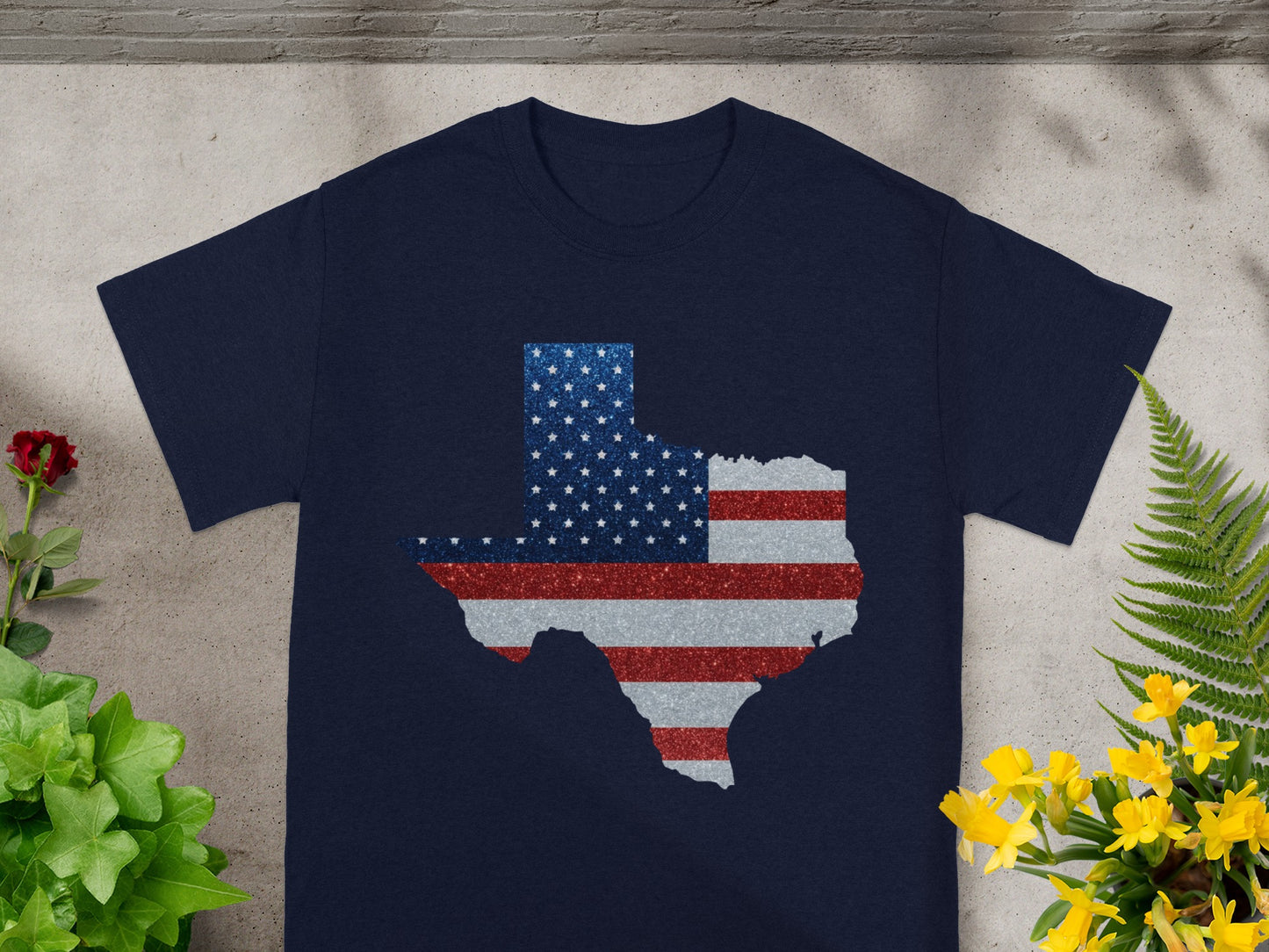 Navy t-shirt with Texas map and American flag pattern.