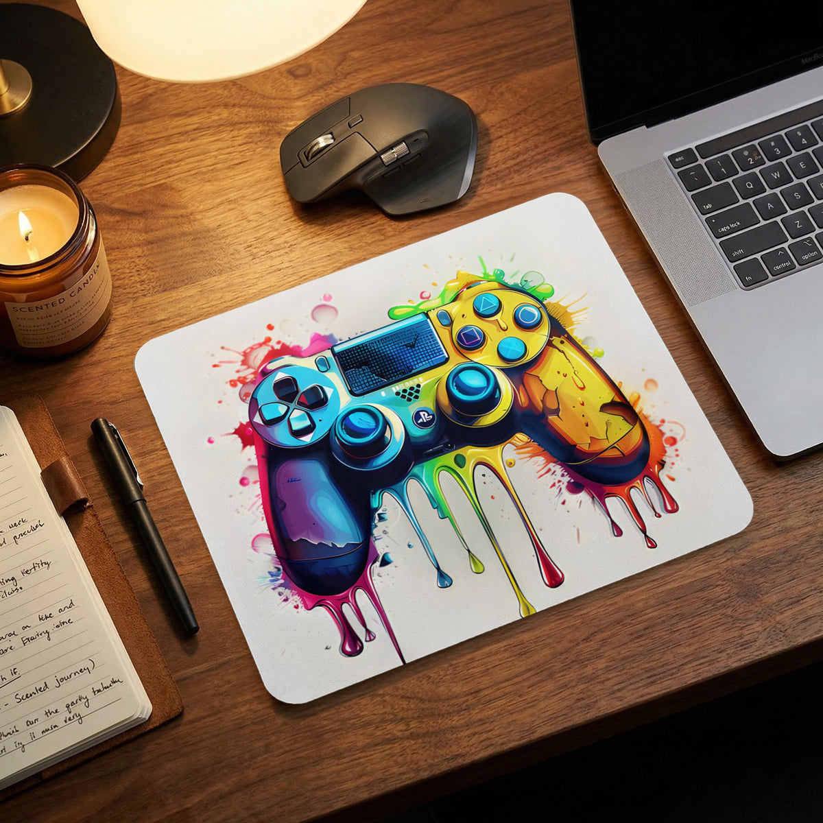 A colorful, melting PlayStation controller mousepad on a wooden desk with a laptop, mouse, and notebook.