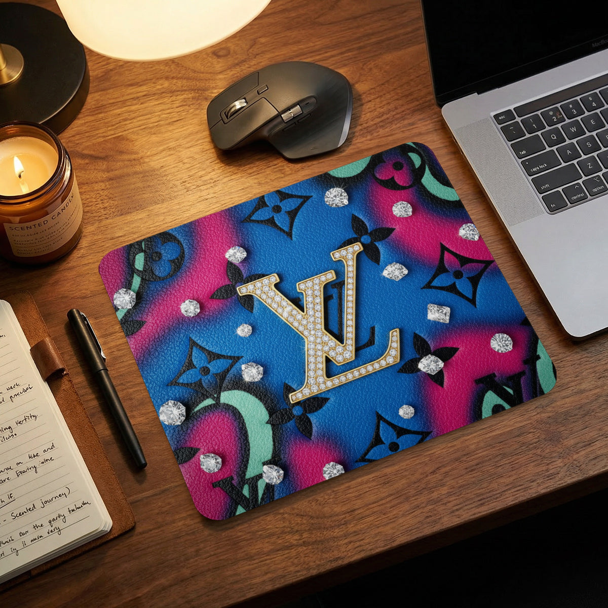 Mousepad with ornate "LV" logo, diamonds, and floral pattern.