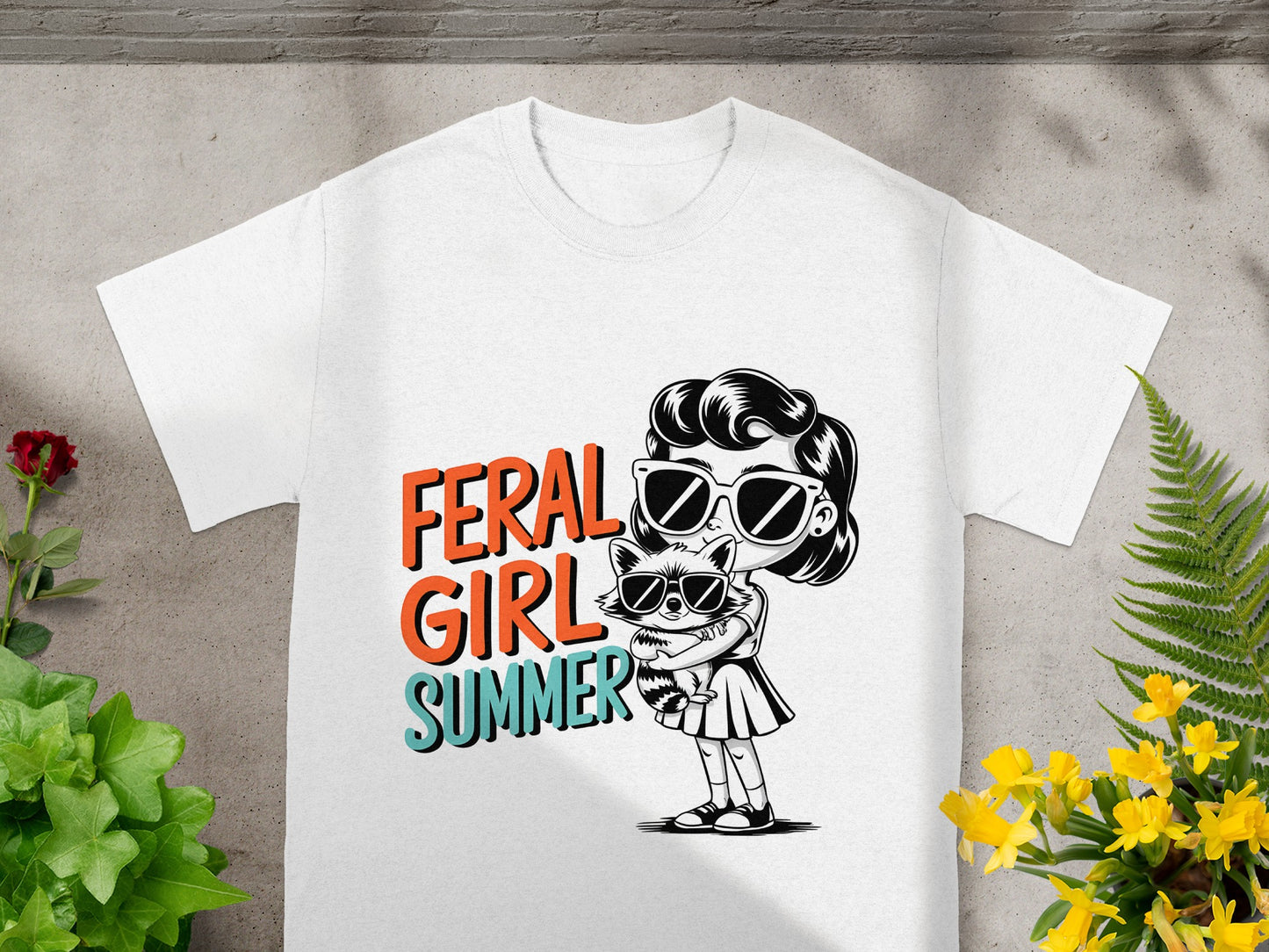 Feral Girl Summer Graphic Tee with Cat Illustration