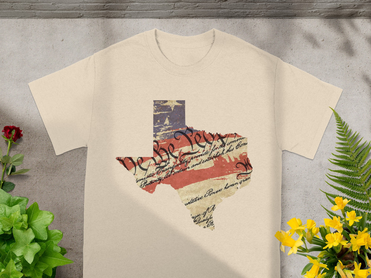 Texas shaped graphic with American flag and constitution text overlay.