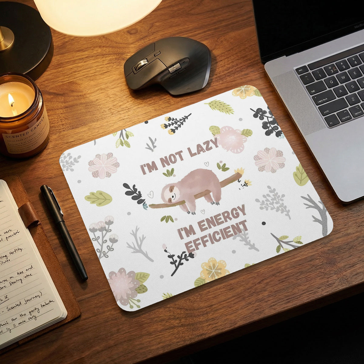 Mousepad with a sloth illustration and text "I'M NOT LAZY I'M ENERGY EFFICIENT".