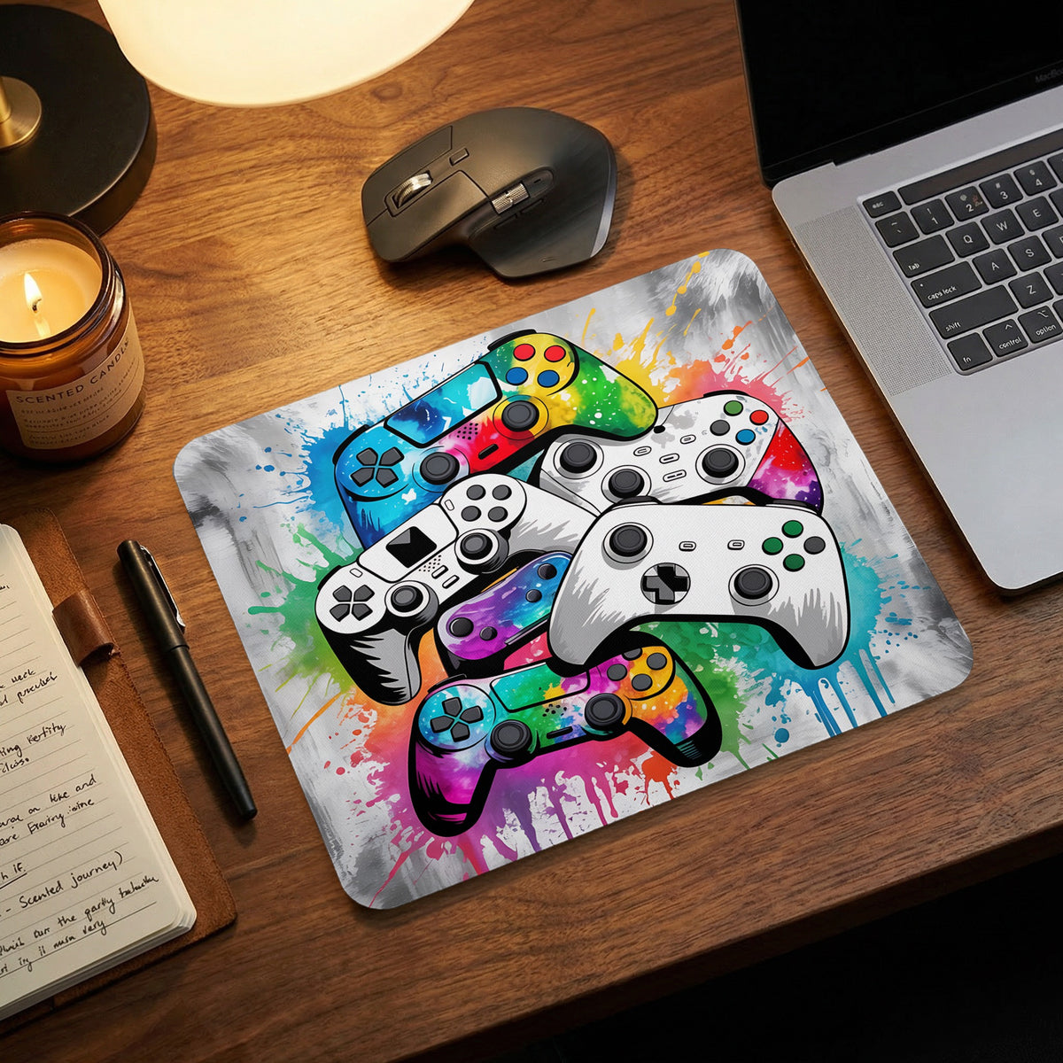 Rectangular mousepad featuring a vibrant watercolor splatter design with overlapping video game controllers on a wooden desk.