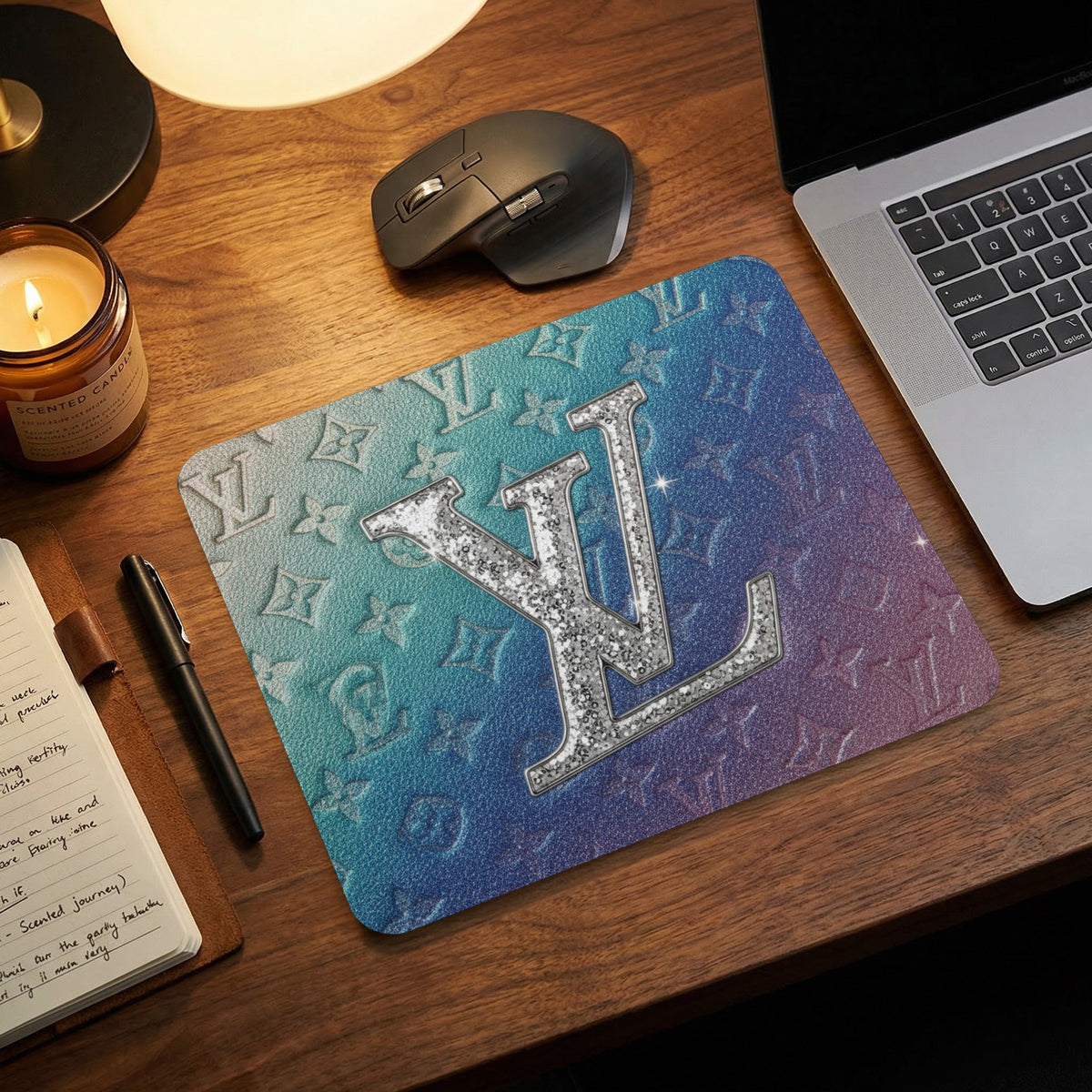 Mousepad with glitter LV logo on gradient blue and purple background.