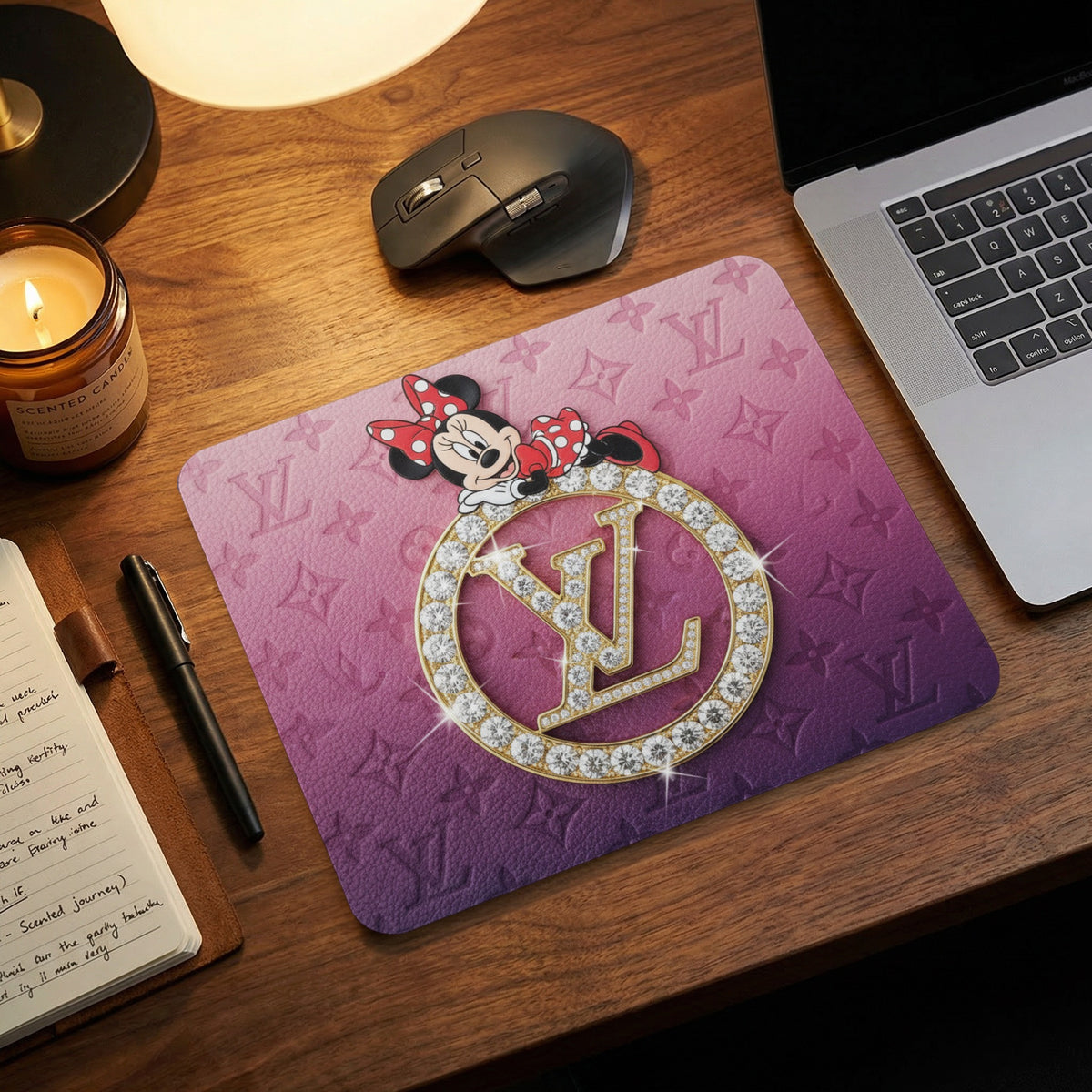 Mousepad with Minnie Mouse, diamond-encrusted LV logo, and pink gradient pattern.