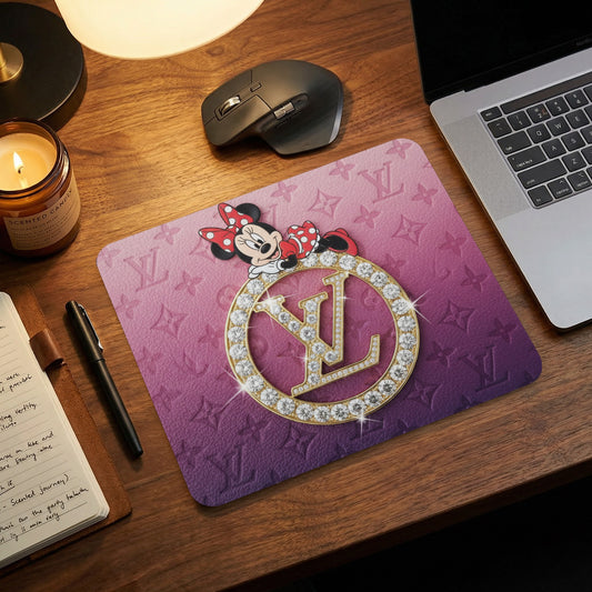 Mousepad with Minnie Mouse, diamond-encrusted LV logo, and pink gradient pattern.