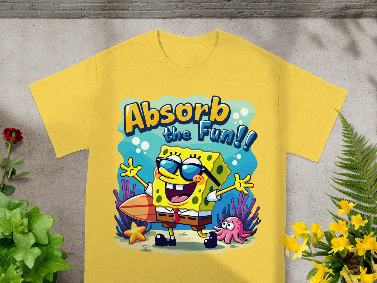SpongeBob SquarePants in sunglasses with a surfboard and text "Absorb the Fun!".