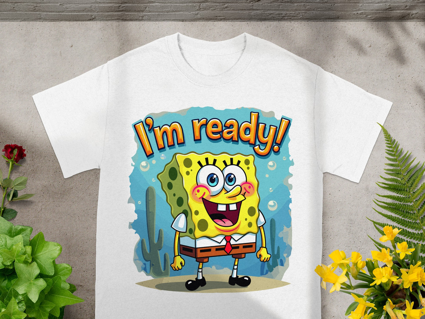 White t-shirt with Spongebob Squarepants saying "I'm ready!"