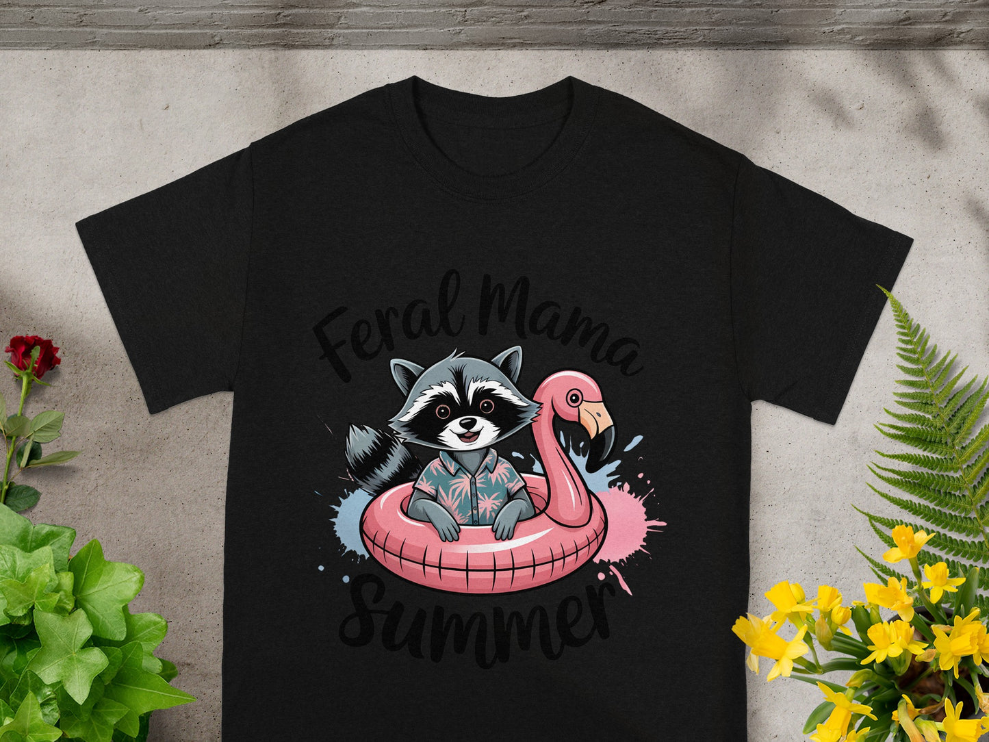 Feral Mama Summer Raccoon and Flamingo Graphic T-Shirt