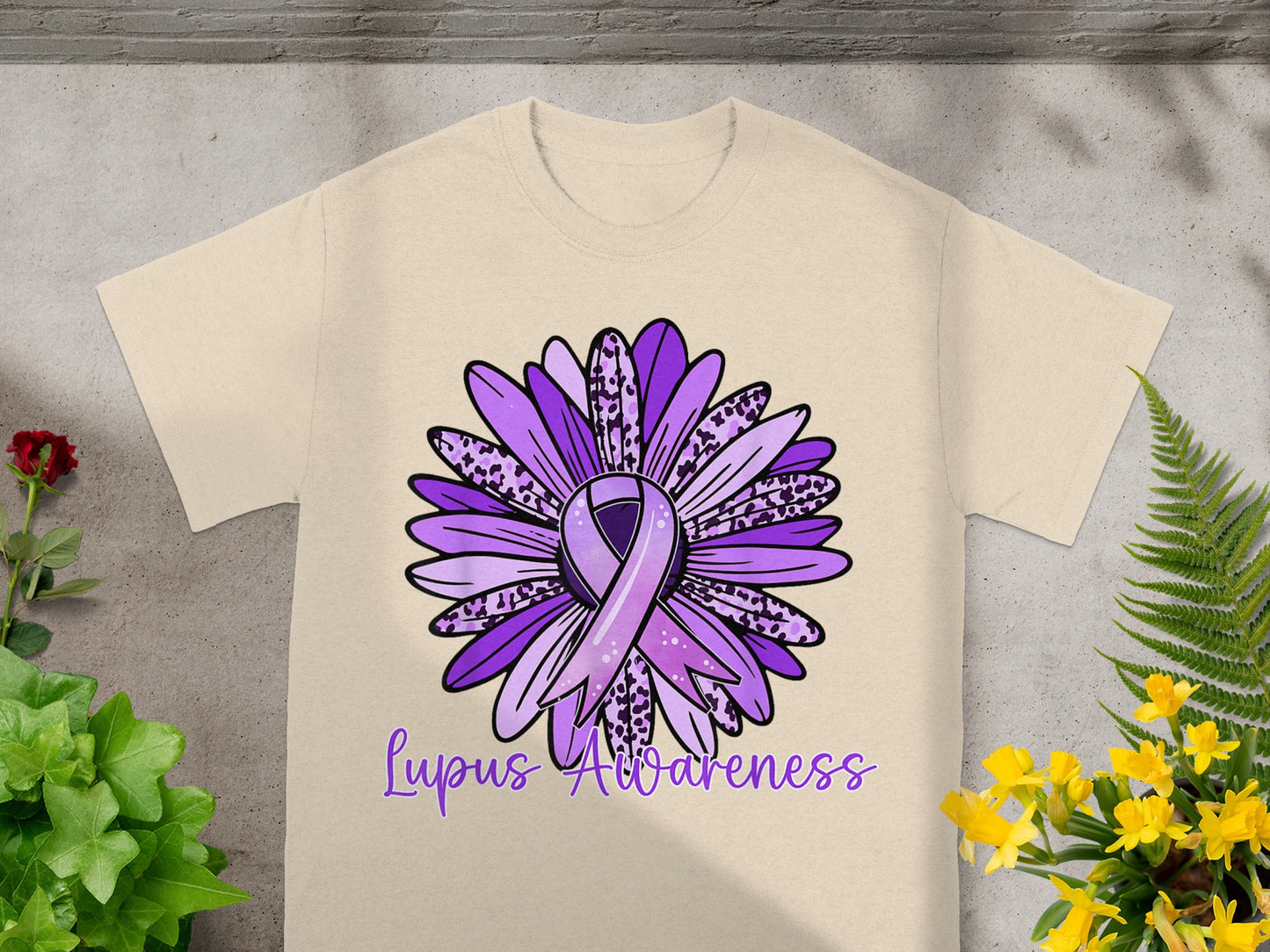 Lupus Awareness Purple Ribbon Flower Graphic T-shirt