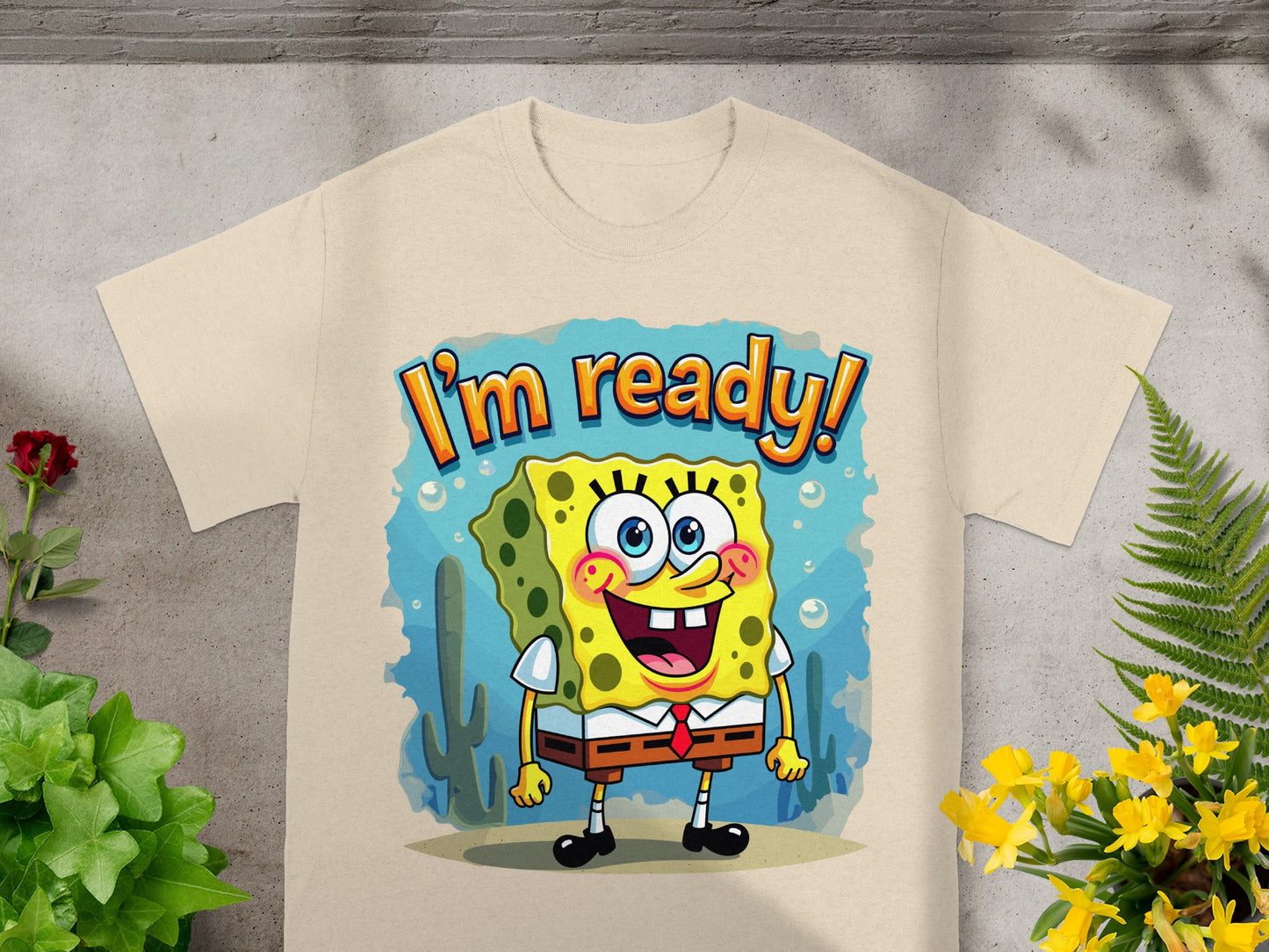 SpongeBob SquarePants on a cream t-shirt with "I'm ready!" text