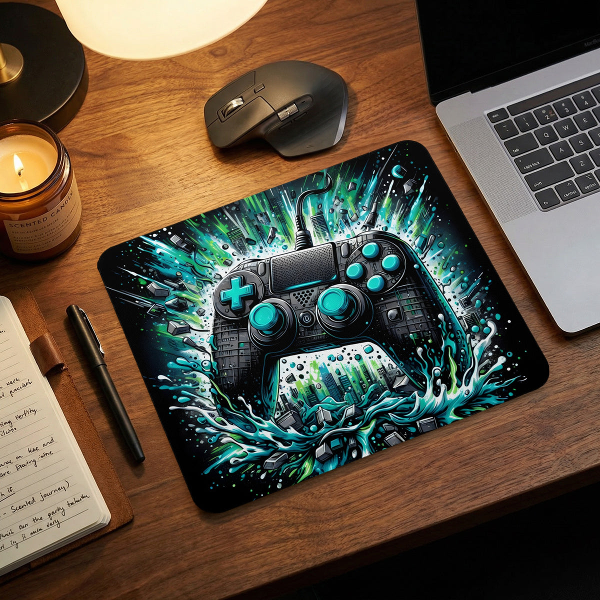 A rectangular mousepad featuring a black and teal game controller with an abstract green splash design.