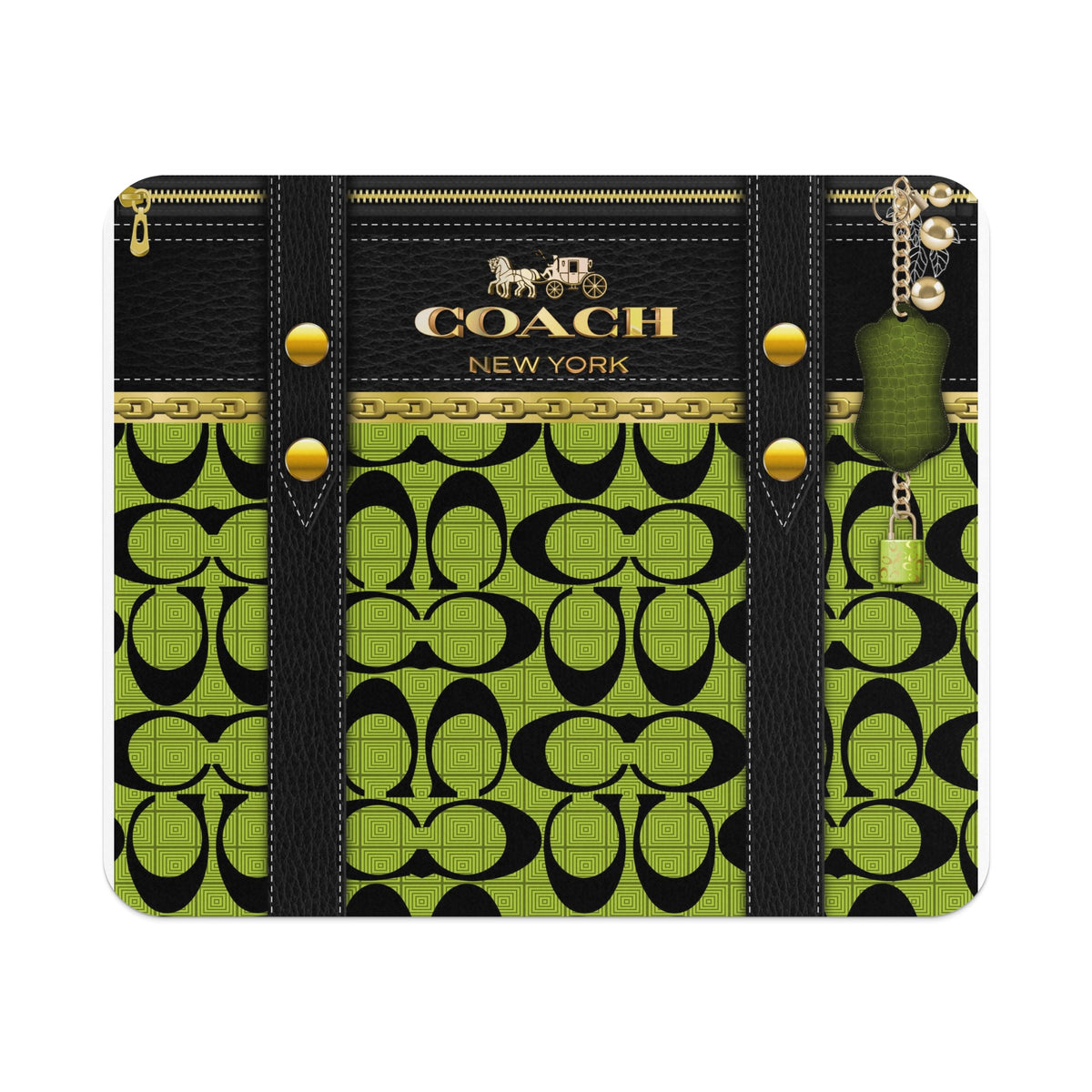 Coach monogram print wallet with gold hardware and green alligator charm.